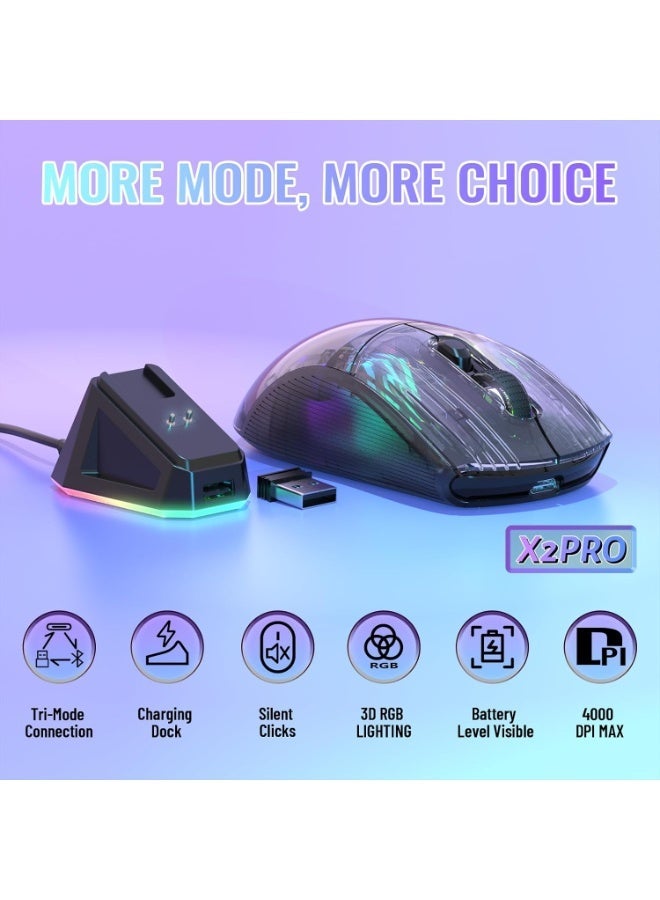 Attack Shark Wireless Gaming Mouse with RGB Charging Dock X2 Pro ,Tri-Mode PC Gaming Mice 2.4G/Bluetooth/Wired,Noiseless Mouse RGB Backlit, Transparent Shell, PixArt 3212 4000 DPI, for Win/MAC - Black - Image 2